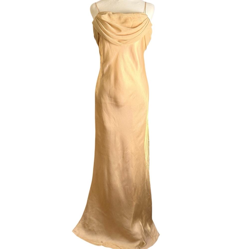 Vintage Dollar Evening Gown Satin Shimmery Champagne Silky Ruffle Cowl XL Y2K